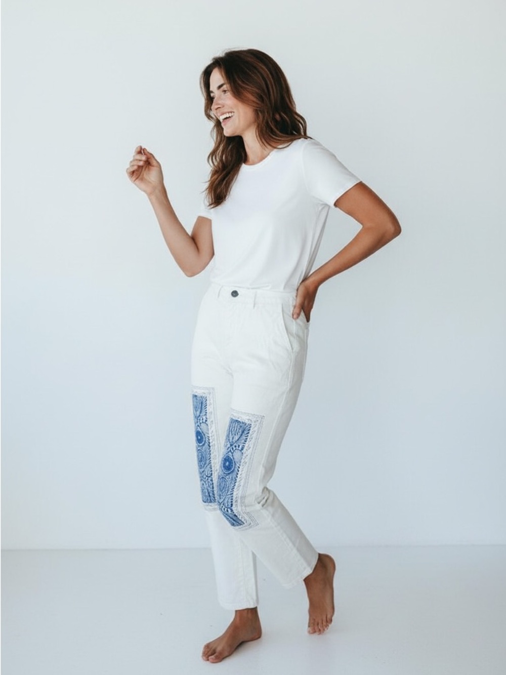 Ralph Lauren White Cropped Jeans with Blue Patch Panels